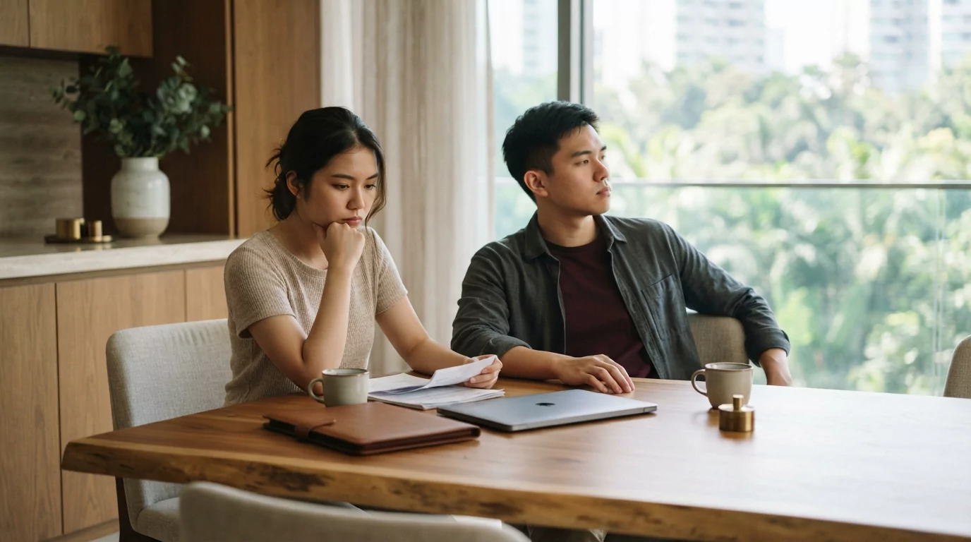 Two young adults sitting at a dining table with documents and a closed laptop between them, both looking away in thought